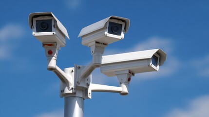 Three white CCTV cameras on a pole.
