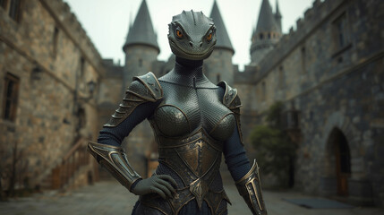 female reptilian wearing armor and standing in castle courtyard