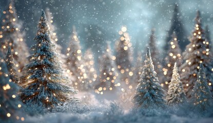 Christmas trees with light decorations in a forest.