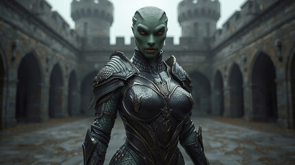 female reptilian wearing armor and standing in castle courtyard