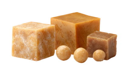 Sets of jaggery in rectangular cylindrical and triangular shapes on transparent background