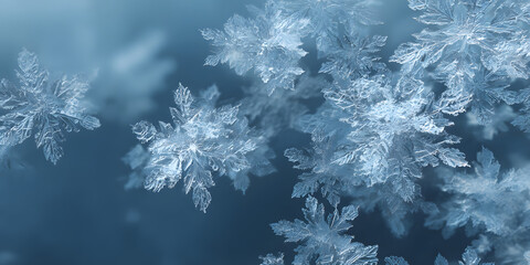 Intricate ice crystal formations showcase delicate structures with complex, symmetrical patterns, their translucent surfaces reflecting a cool, blue environment during winter's chilly weather.