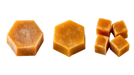 Sets of jaggery in rectangular cylindrical and triangular shapes on transparent background