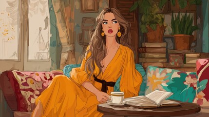 Fashion and Beauty illustration A bohemian woman in a flowy dress sitting in a cozy caf&eacute; with a book and coffee woman lifestyle