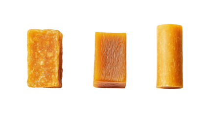 Sets of jaggery in rectangular cylindrical and triangular shapes on transparent background