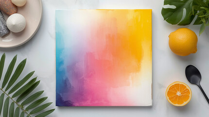 painted gradient canvas in modern flatlay