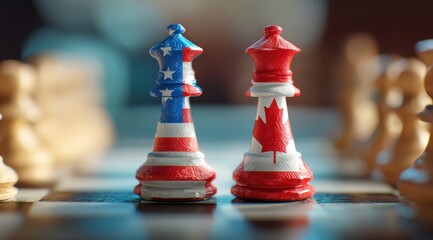 Naklejka premium Two chess pieces painted in the colors of United States and Canada.