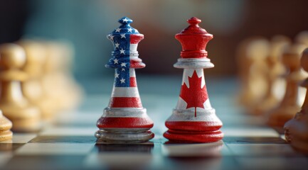 Naklejka premium Two chess pieces painted in the colors of United States and Canada.
