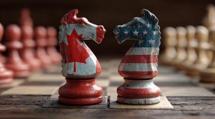 Naklejka premium Two chess pieces painted in the colors of United States and Canada.