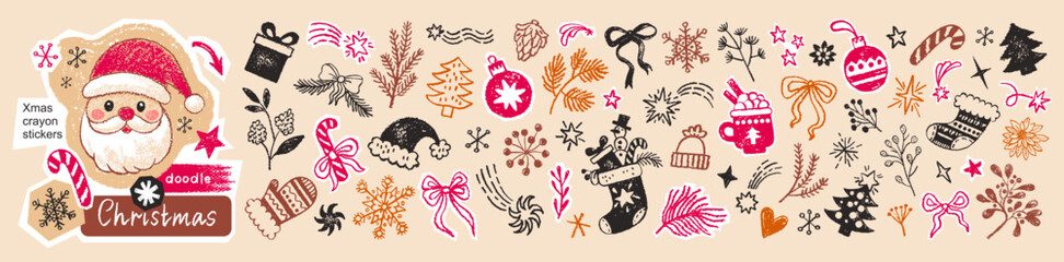 Christmas sketch doodle icon. Xmas tree winter vector. Vintage illustration with bow, Christmas tree food holly gift. Line Xmas sticker, holiday crayon collage art. Chalk party icon, cute scrapbook bg © Olga Che