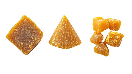 Sets of jaggery in traditional block cone and disc shapes on transparent background