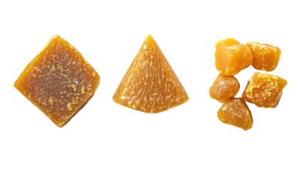 Sets of jaggery in traditional block cone and disc shapes on transparent background