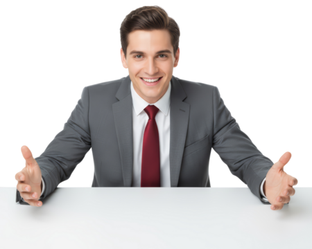 Confident young professional gesturing towards an empty canvas presentation space