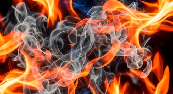 Abstract fiery flames and smoke design on dark background burning effect
