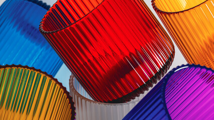 Colorful still life of transparent glass cups arranged artistically