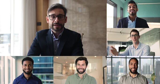 Different businessmen negotiate using videocall app, collage