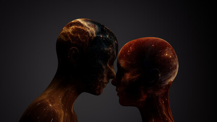 Virtual couple shares love in cosmic textures under a dreamlike sky