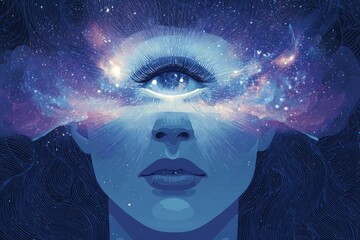 Mystical and Spiritual illustration A woman with a third eye symbol glowing with cosmic energy woman lifestyle