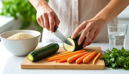 Person’s hands slicing fresh zucchini on a wooden cutting board, preparing a healthy vegetarian meal with carrots and grains