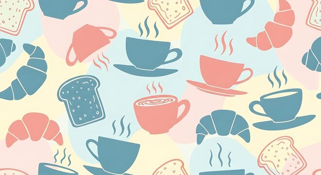 Breakfast Themed Seamless Pattern with Cups Toast and Croissants Design