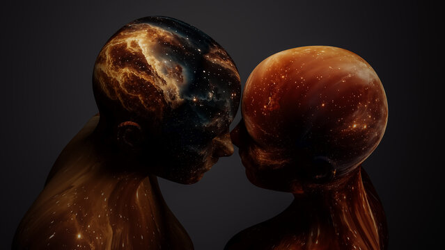 Virtual couple shares love in cosmic textures under a dreamlike sky
