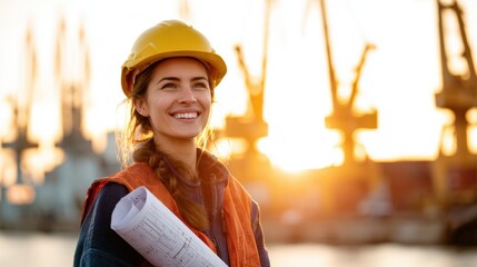 Smiling female engineer with blueprints at a construction site during sunset