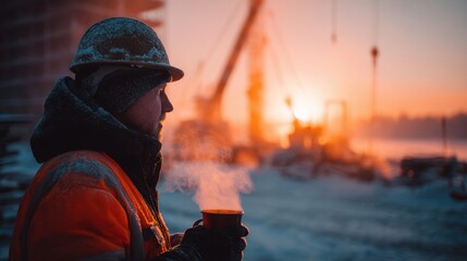 Fototapeta premium Construction worker enjoying a hot drink on a cold winter morning