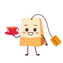 Tea bag cute character cartoon holding a mug of tea, smiling face cheerful kawaii happy emotions vector illustration.