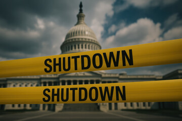 Dramatic political government shutdown crisis concept. capitol building in Washington blocked by yellow tape symbolizing federal closure, budget failure and political deadlock