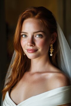 A beautiful bridal portrait. A young caucasian woman with long, red hair.