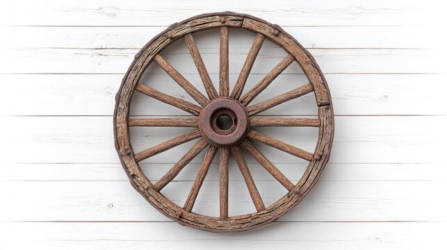 Rustic wooden wagon wheel on white background symbol of history