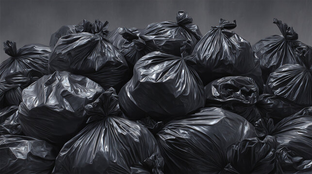 An abundance of black garbage bags forming a heap, likely indicating waste accumulation