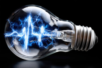 Bright light bulb with electric pulse design on a black background