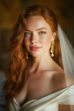 A beautiful bridal portrait. A young caucasian woman with long, red hair.