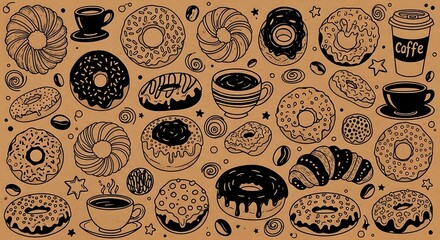 Delicious Donuts and Coffee Hand Drawn Vector Pattern Background Art