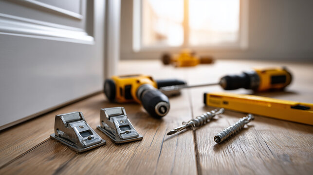 Door installation tools arranged neatly on floor. Flat-lay photo of door hinges, level, screwdriver, drill, handle set, and measuring tape placed neatly on a wooden floor beside a