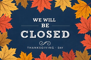 "We Will Be Closed Thanksgiving Day" Sign with Autumn Maple Leaf Border on Dark Blue Background