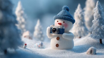 Snowman photographer in a winter wonderland with a vintage camera