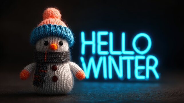 Cute knitted snowman with a neon sign saying hello winter on a dark background