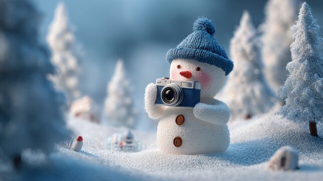 Snowman photographer in a winter wonderland with a vintage camera