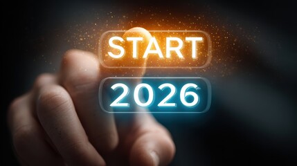 Finger touching start button with the year 2026, futuristic concept