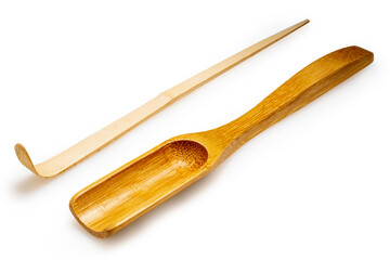 Japanese tea ceremony utensils isolated on white with clipping path. Traditional bamboo tools for matcha preparation, including chashaku and chasaji.