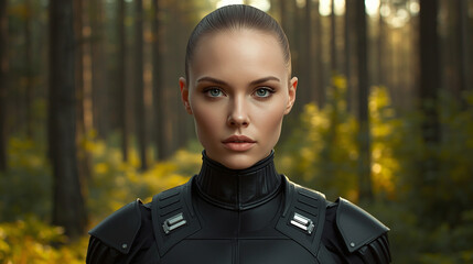 portrait of a stern woman in futuristic combat outfit standing in sunny forest