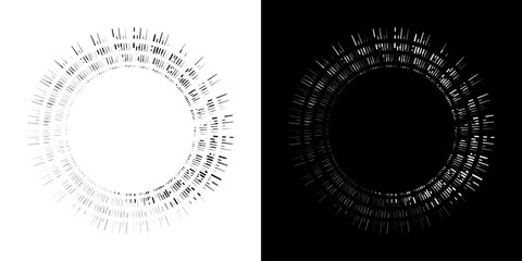 Dynamic abstract spiral sound wave rhythm lines. Circular spiral sound wave rhythm of lines. Circular futuristic abstract lines, black and white background.