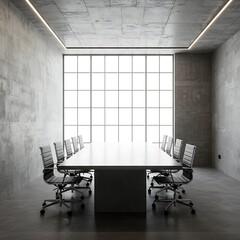 Modern open space office interior with minimalist design, large desks, and city view through glass windows in corporate workplace environment. 3D Rendering, office interiors, workspace aesthetics,