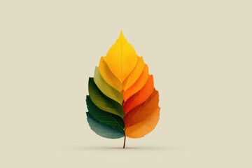 An autumn leaf made of stacked, colorful leaves.