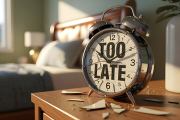 Conceptual Image of a Shattered, Broken Alarm Clock Face Reading "TOO LATE" on a Nightstand