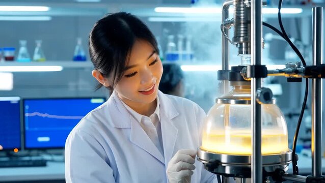 Young Female Asian Scientist Conducting Laboratory Experiment with Chemical Apparatus