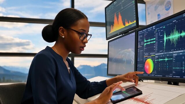 Female African Adult Analyzing Data on Multiple Screens in Modern Office Setting