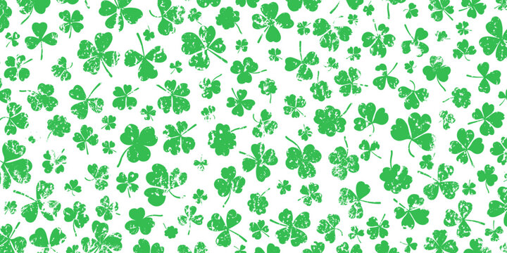 Shamrock or green clover leaves pattern background flat design vector illustration. St Patrick Day shamrock symbols decorative elements horizontal pattern texture.